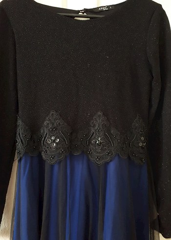 Mavi Siyah Uzun Kollu  Abiye Elbise - Görsel 2