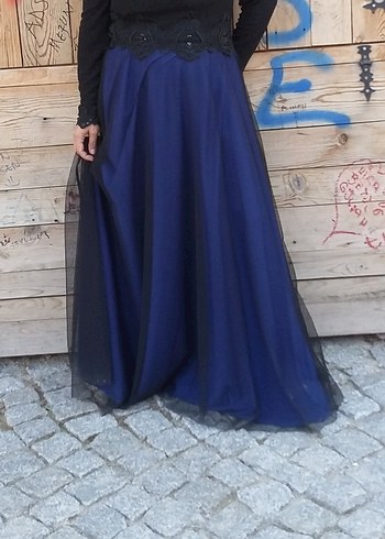 Mavi Siyah Uzun Kollu  Abiye Elbise - Görsel 3