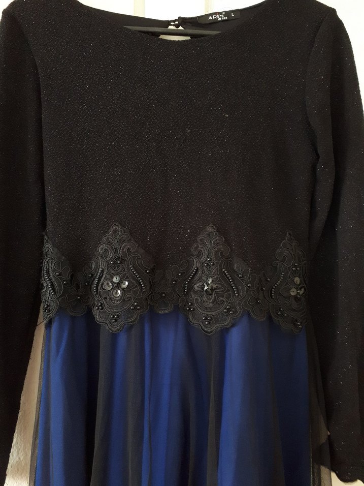 Mavi Siyah Uzun Kollu  Abiye Elbise - Görsel 2