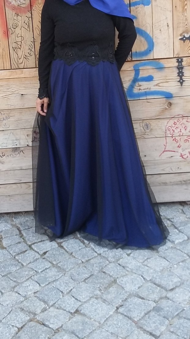 Mavi Siyah Uzun Kollu  Abiye Elbise - Görsel 3