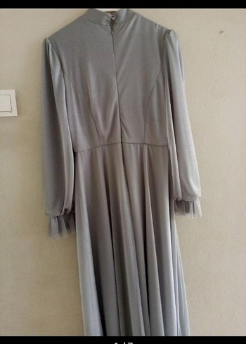 Gri Uzun Drapeli Kadın Abiye Elbise - Görsel 2