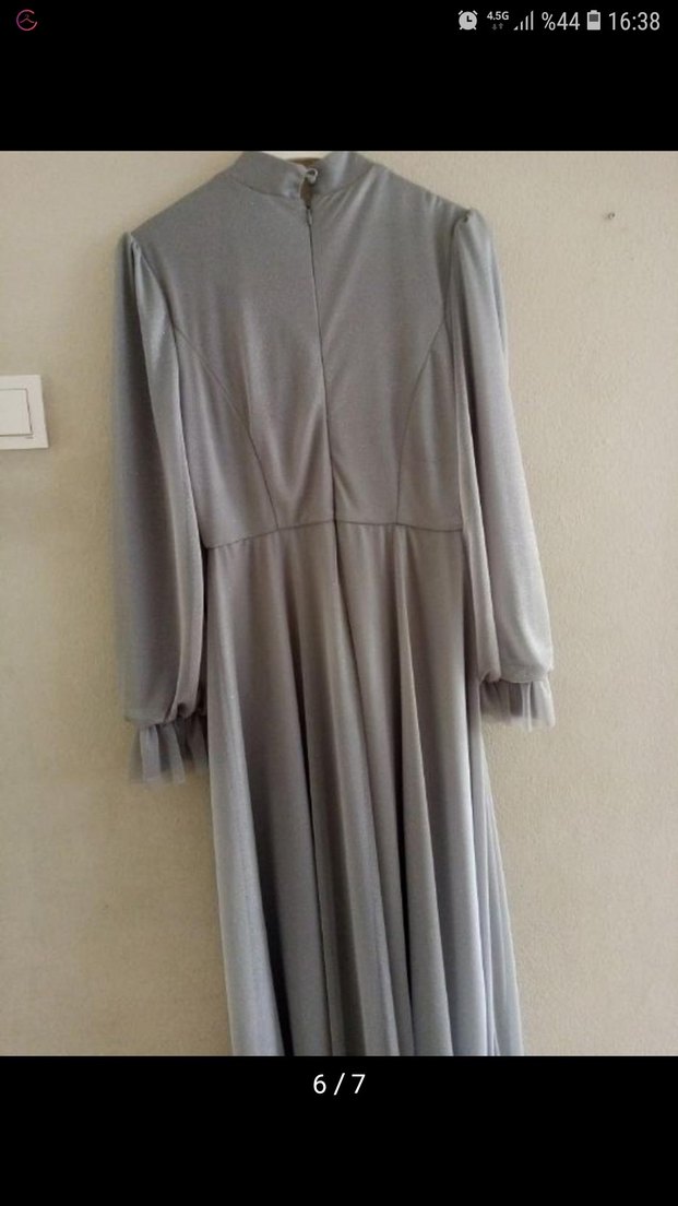 Gri Uzun Drapeli Kadın Abiye Elbise - Görsel 2