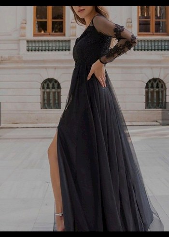 Siyah Dantel Detaylı Uzun V Yaka Abiye Elbise - Görsel 5