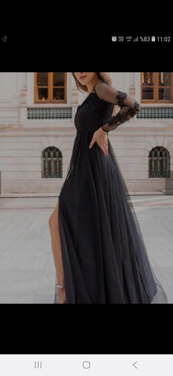 Siyah Dantel Detaylı Uzun V Yaka Abiye Elbise - Görsel 5