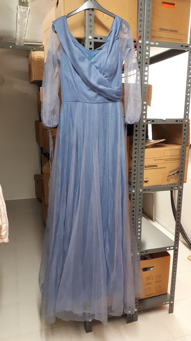 Mavi Drapeli Uzun Kadın Abiye Elbise - Görsel 3
