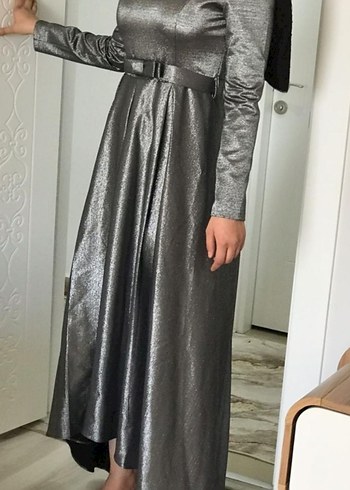 Uzun Kollu Gri Drapeli Kadın Abiye Elbise - Görsel 8