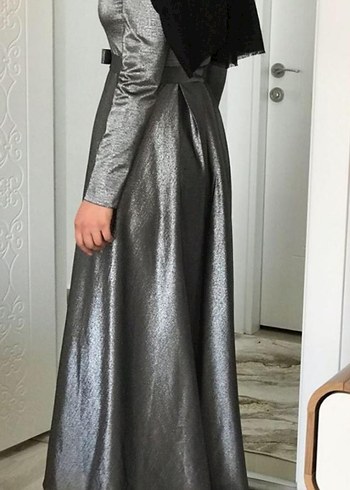 Uzun Kollu Gri Drapeli Kadın Abiye Elbise - Görsel 9