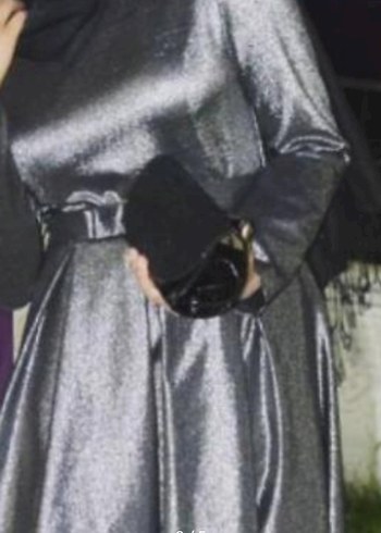 Uzun Kollu Gri Drapeli Kadın Abiye Elbise - Görsel 7