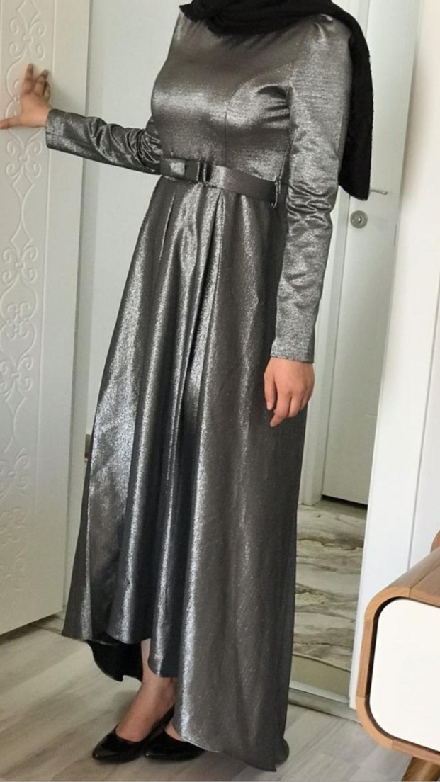 Uzun Kollu Gri Drapeli Kadın Abiye Elbise - Görsel 2