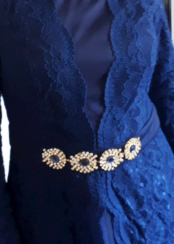 Lacivert Dantel Uzun Kollu Abiye Elbise - Görsel 8