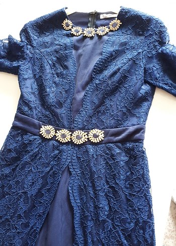 Lacivert Dantel Uzun Kollu Abiye Elbise - Görsel 5