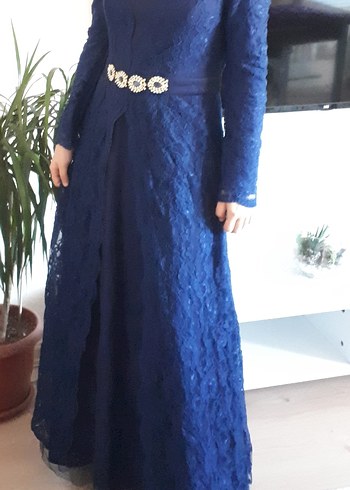 Lacivert Dantel Uzun Kollu Abiye Elbise - Görsel 7