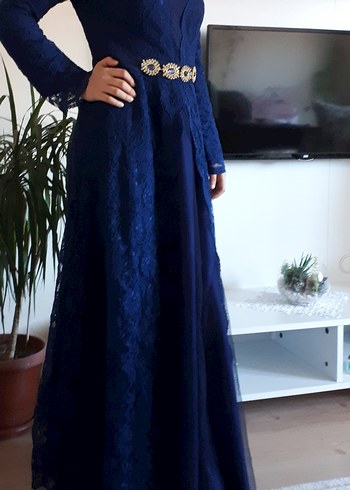 Lacivert Dantel Uzun Kollu Abiye Elbise - Görsel 9