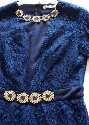 Lacivert Dantel Uzun Kollu Abiye Elbise - Görsel 6