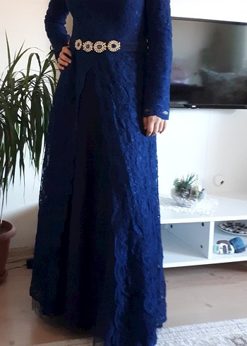 Lacivert Dantel Uzun Kollu Abiye Elbise - Görsel 11