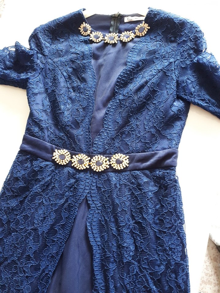 Lacivert Dantel Uzun Kollu Abiye Elbise - Görsel 5