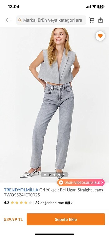 34 Beden gri Renk Trendyolmilla gri 90?s wide leg jean