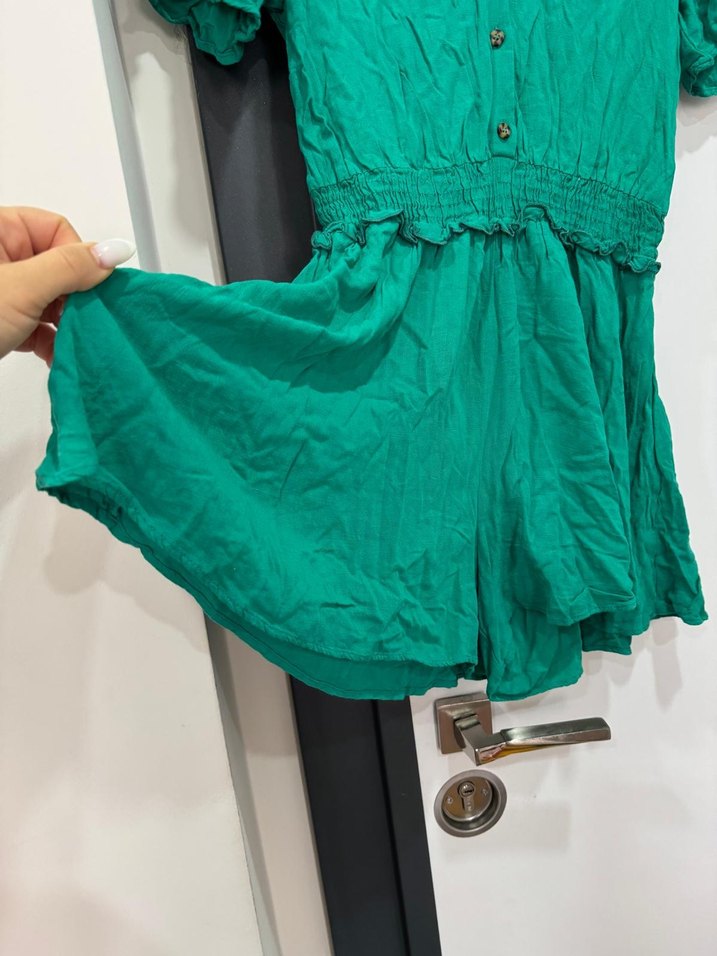 Düğmeli V Yaka Kısa Kollu Yeşil tulum - Görsel 4