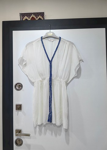 Bohem Kısa Beyaz Drapeli Plaj Elbisesi - Görsel 2