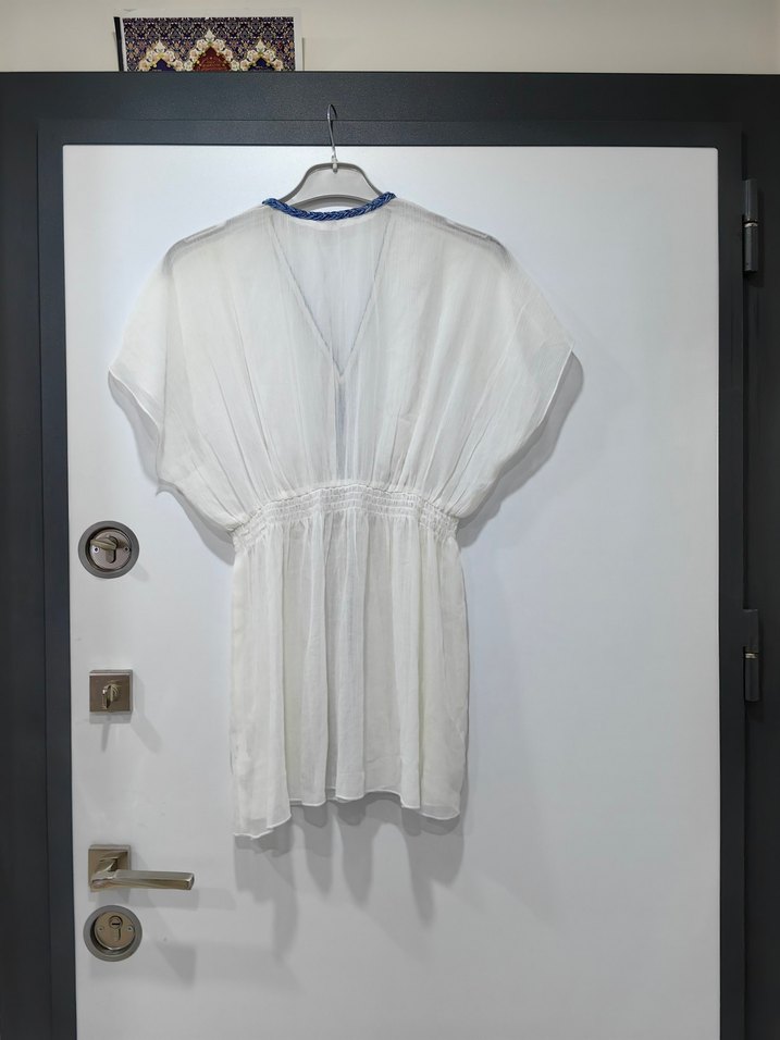 Bohem Kısa Beyaz Drapeli Plaj Elbisesi - Görsel 3