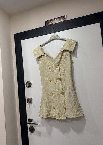 Bej Keten Düğmeli Mini elbise - Görsel 2