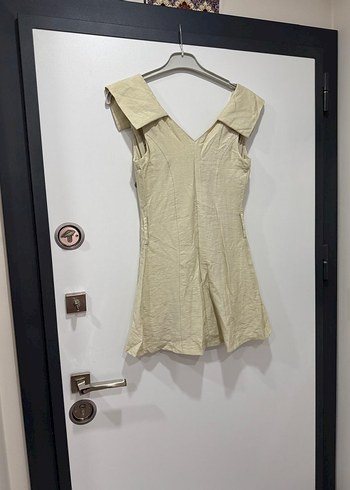 Bej Keten Düğmeli Mini elbise - Görsel 6