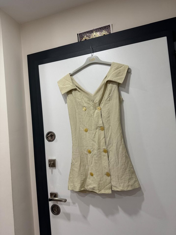 Bej Keten Düğmeli Mini elbise - Görsel 2