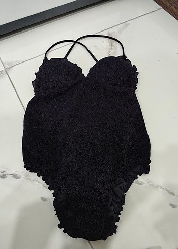 Siyah Fırfırlı Strappy Kadın Mayo - Görsel 2
