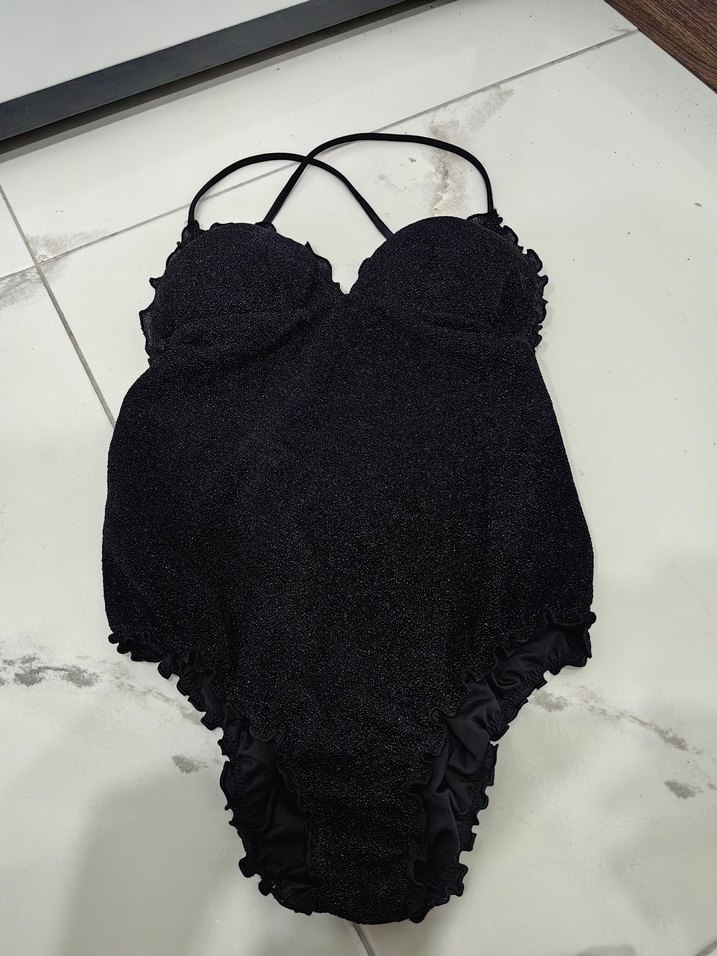 Siyah Fırfırlı Strappy Kadın Mayo - Görsel 2