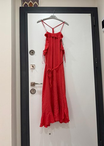 Kırmızı Uzun Kollu Fırfırlı Salaş Elbise - Görsel 6