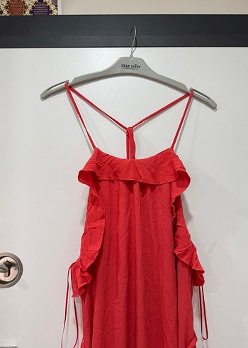 Kırmızı Uzun Kollu Fırfırlı Salaş Elbise - Görsel 8