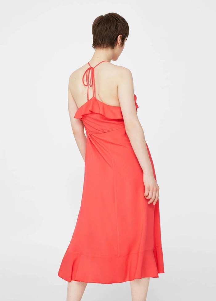 Kırmızı Uzun Kollu Fırfırlı Salaş Elbise - Görsel 2