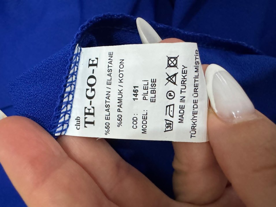 Mavi Pilili Midi Kolsuz Kadın Elbise - Görsel 3