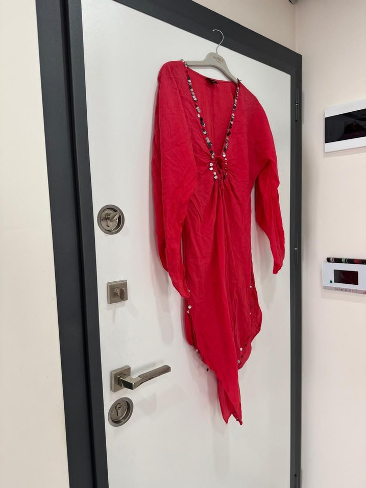 Uzun Kollu Kırmızı V Yakalı Bohem pareo - Görsel 2