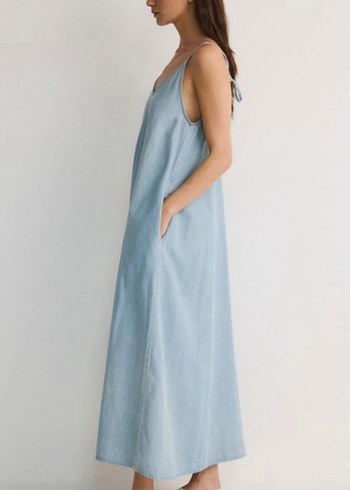 Mavi Askılı Uzun Denim Elbise