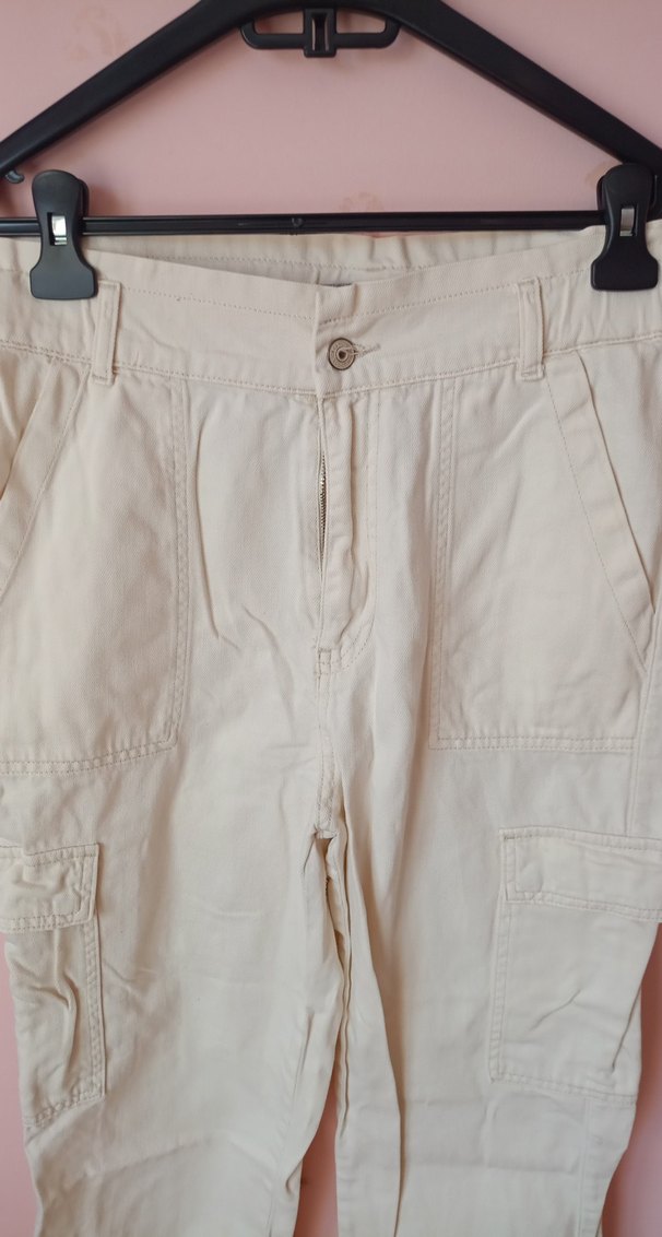 Bej Kadın Pamuk Kumaş Rahat Kesim Pantolon - Görsel 3