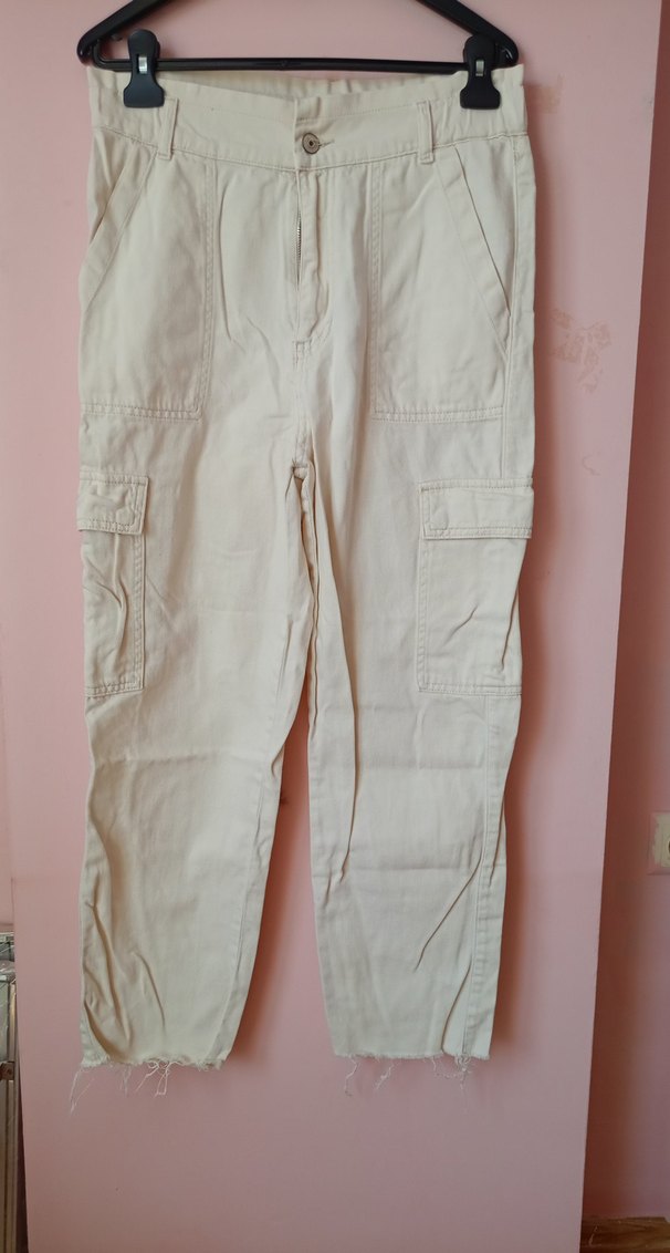 Bej Kadın Pamuk Kumaş Rahat Kesim Pantolon - Görsel 2