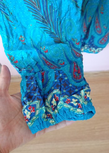 Bohem Renkli Pilili Turkuaz Kadın Kumaş Pantolon - Görsel 4