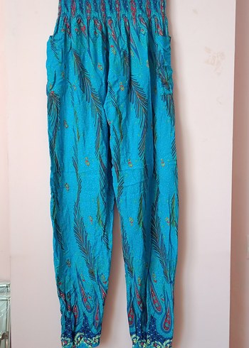 Bohem Renkli Pilili Turkuaz Kadın Kumaş Pantolon - Görsel 2
