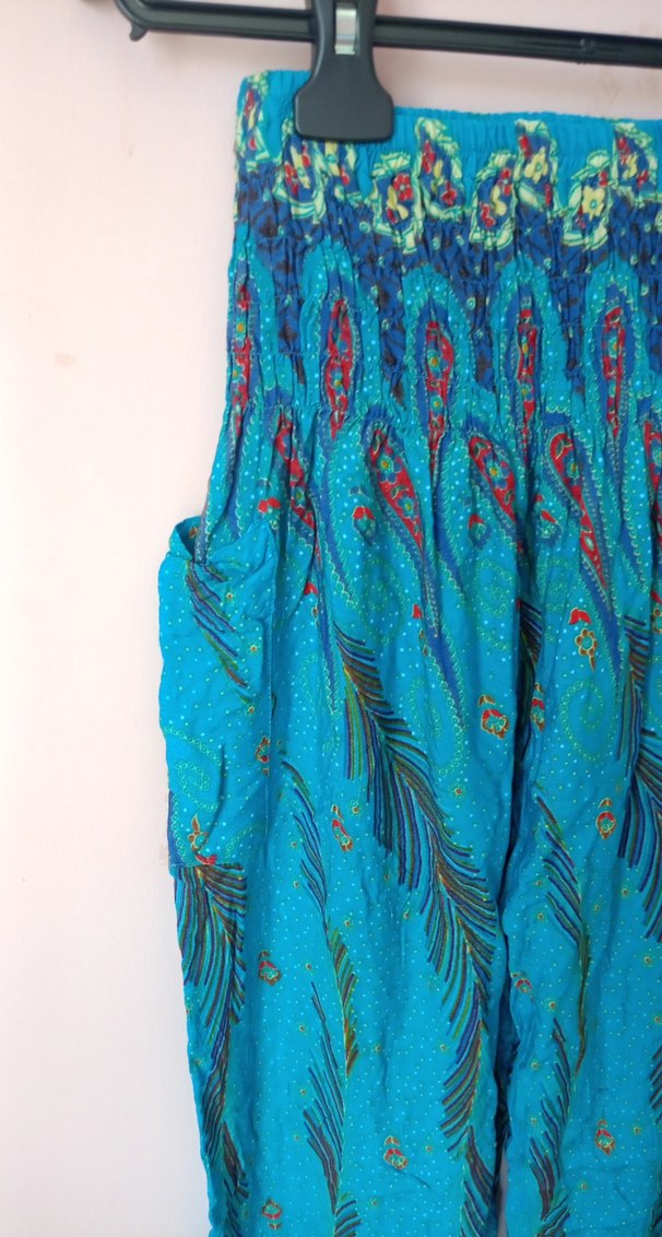 Bohem Renkli Pilili Turkuaz Kadın Kumaş Pantolon - Görsel 3