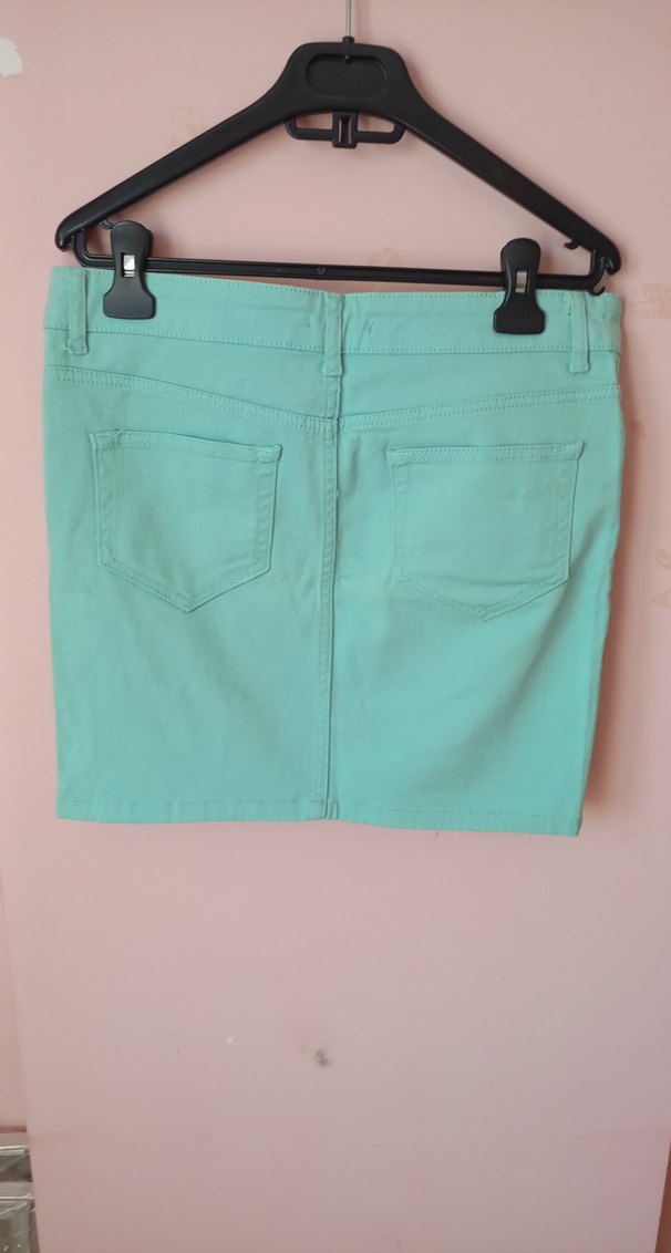 Düğmeli Turkuaz Mini Kot Etek - Görsel 4