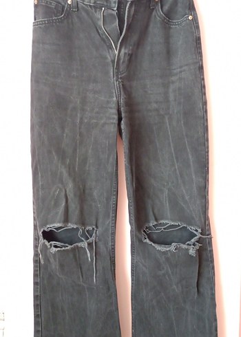 Gri Kadın Bol Kesim Yırtık Denim Pantolon - Görsel 2