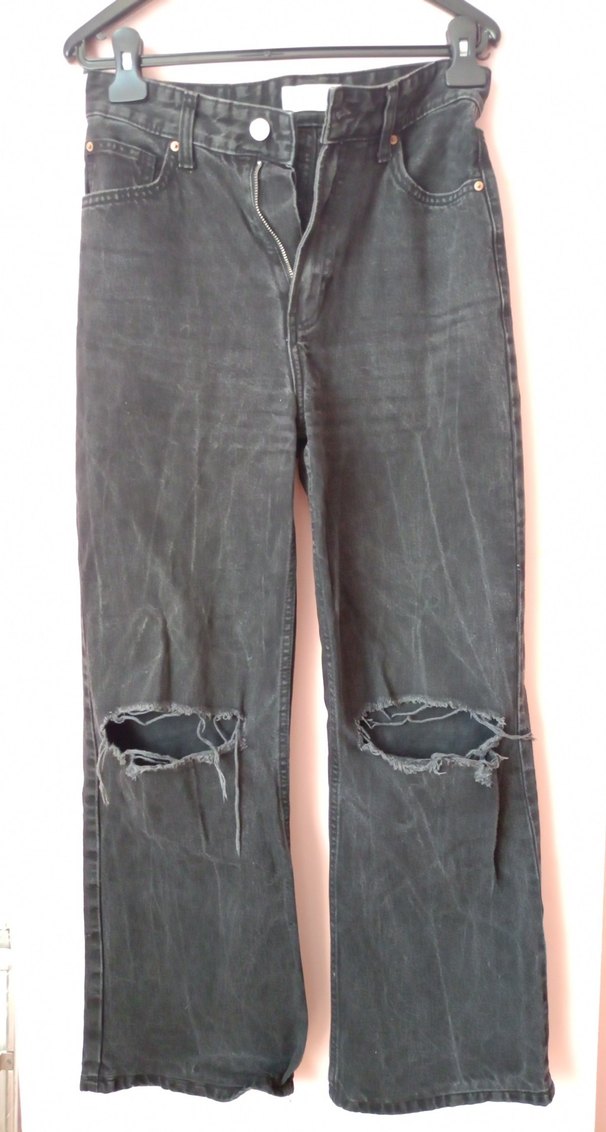 Gri Kadın Bol Kesim Yırtık Denim Pantolon - Görsel 2