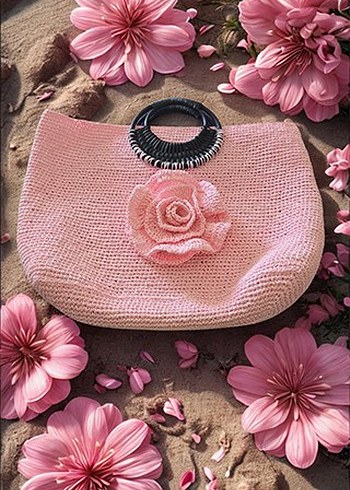 Pembe Gül Detaylı Kağıt İp Plaj Çantası