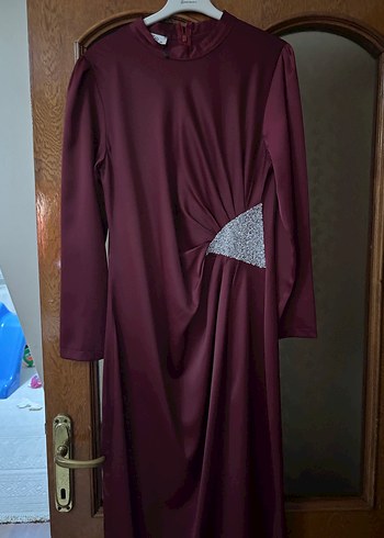 Bordo Uzun Kollu İşlemeli Abiye Elbise - Görsel 2