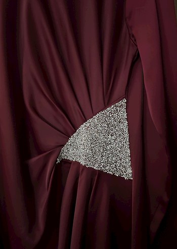 Bordo Uzun Kollu İşlemeli Abiye Elbise - Görsel 4