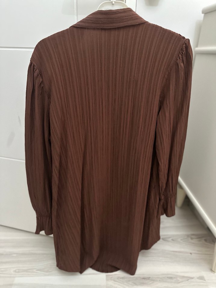 Kahverengi Piliseli Uzun Kollu Kadın Gömlek - Görsel 3