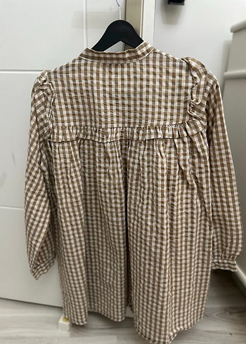 Bej Kareli Bohem Uzun Kollu Keten Tunik - Görsel 2