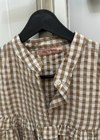 Bej Kareli Bohem Uzun Kollu Keten Tunik - Görsel 4