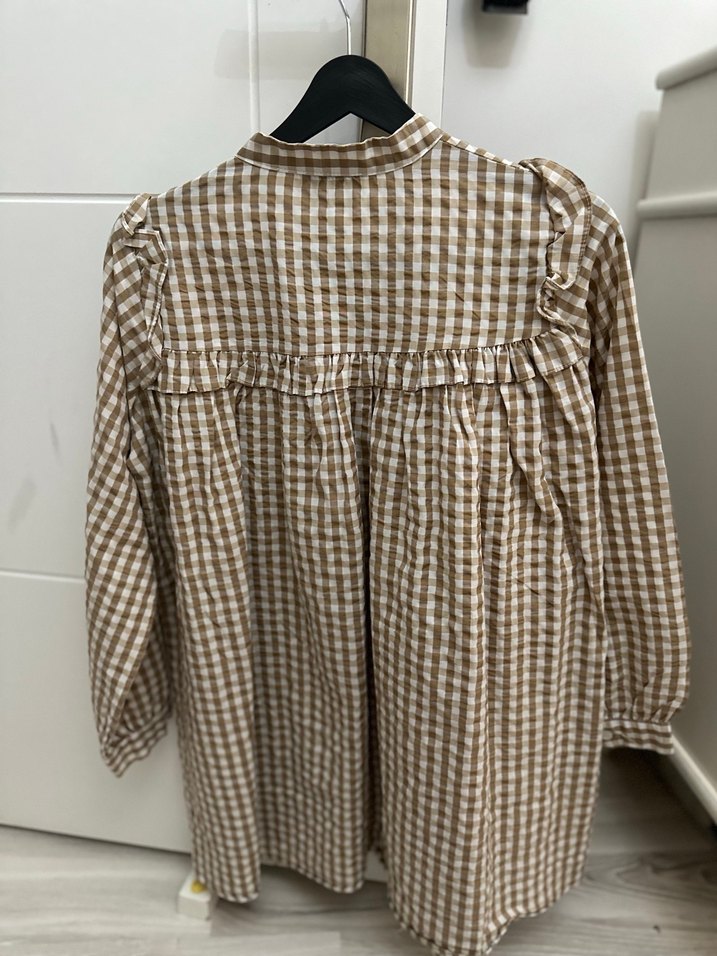 Bej Kareli Bohem Uzun Kollu Keten Tunik - Görsel 2